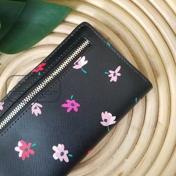 Kate Spade NWT Kate Spa Staci Ditsy Buds Large Slim Bifold Wallet in Black - Picture 11 of 14